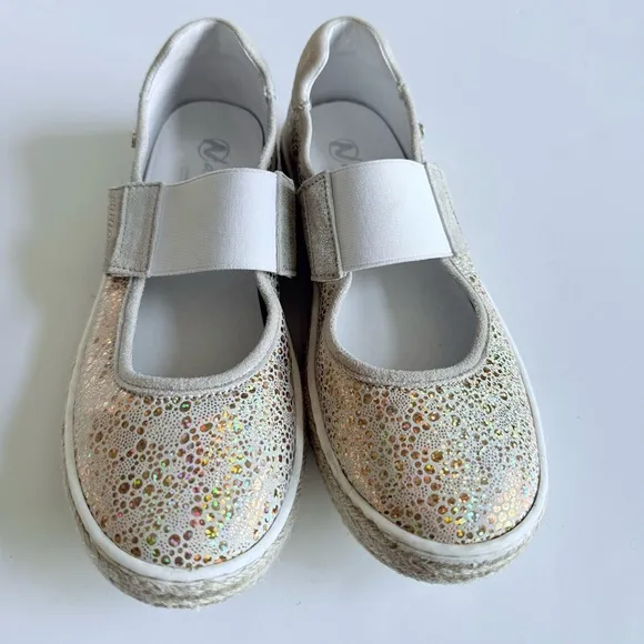 Naturino Bubbles Platinum Sparkly Mary Jane Espadrille Shoes Gold Holographic