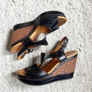 Naya Women's 'Eternal' Black Leather Open Toe Brown Woven Wedge Sandals Size 10M
