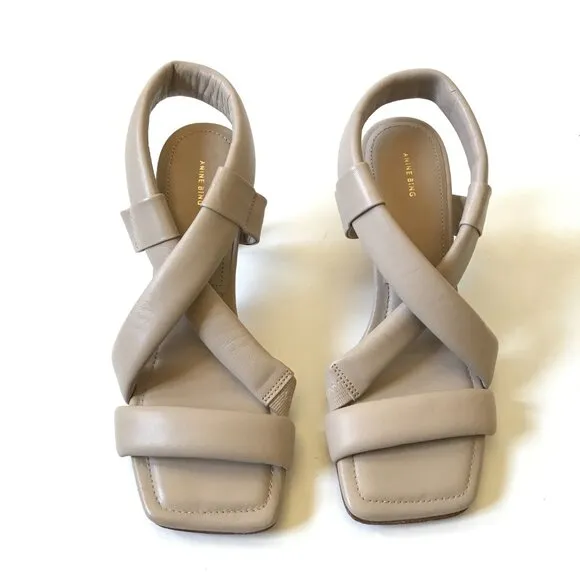 NEW Annie Bing Anna Sandals Heels Womens 37 7 Beige Gray Leather Strappy NWOB