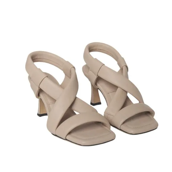 NEW Annie Bing Anna Sandals Heels Womens 37 7 Beige Gray Leather Strappy NWOB