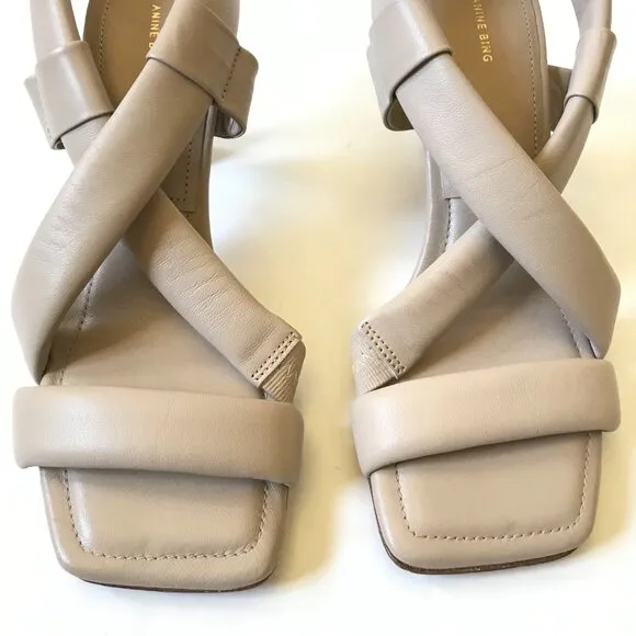 NEW Annie Bing Anna Sandals Heels Womens 37 7 Beige Gray Leather Strappy NWOB