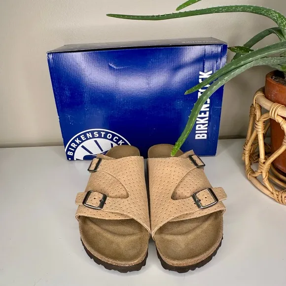 NEW Birkenstock Zürich BS Sandals Emboss Dots Beige Suede Size 39 Narrow Fit NIB