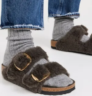 New BirkenstockWomen's Arizona Big Buckle Teddy Shearling Slide Sandals