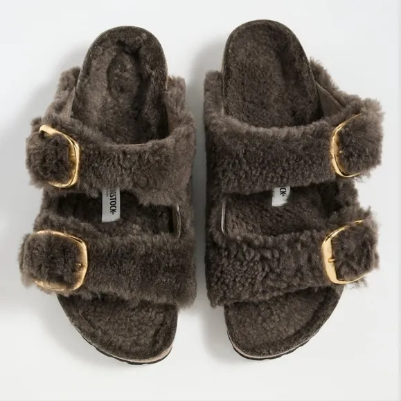 New BirkenstockWomen's Arizona Big Buckle Teddy Shearling Slide Sandals