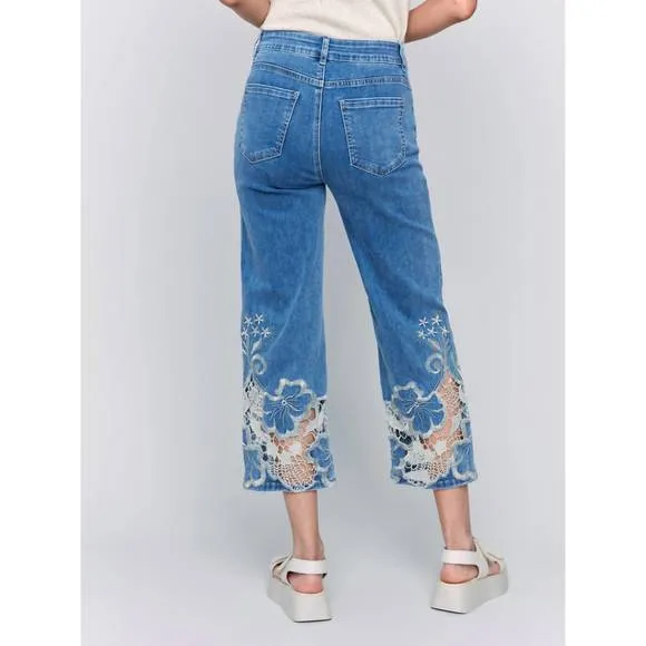 NEW CHARLIE B cropped flare leg jeans with lace hem in blue