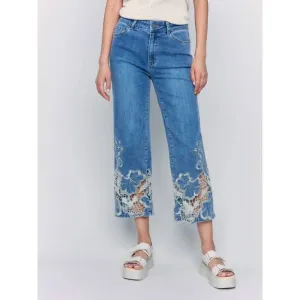 NEW CHARLIE B cropped flare leg jeans with lace hem in blue