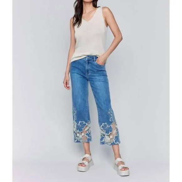 NEW CHARLIE B cropped flare leg jeans with lace hem in blue