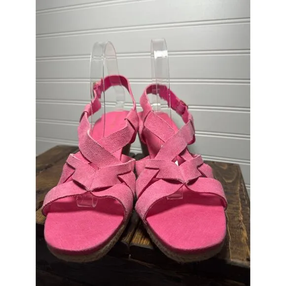 NEW Cole Haan Wedge Sandal Crystal Strappy Barbie Pink Suede Vacation Espadrille