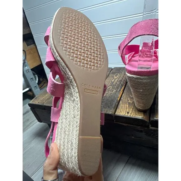 NEW Cole Haan Wedge Sandal Crystal Strappy Barbie Pink Suede Vacation Espadrille