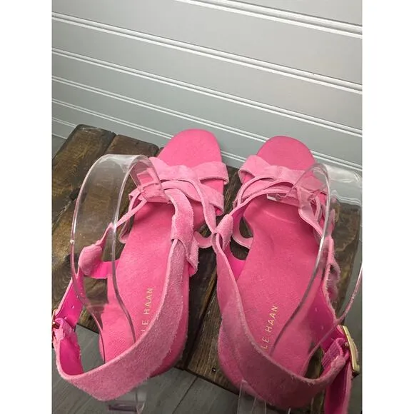 NEW Cole Haan Wedge Sandal Crystal Strappy Barbie Pink Suede Vacation Espadrille