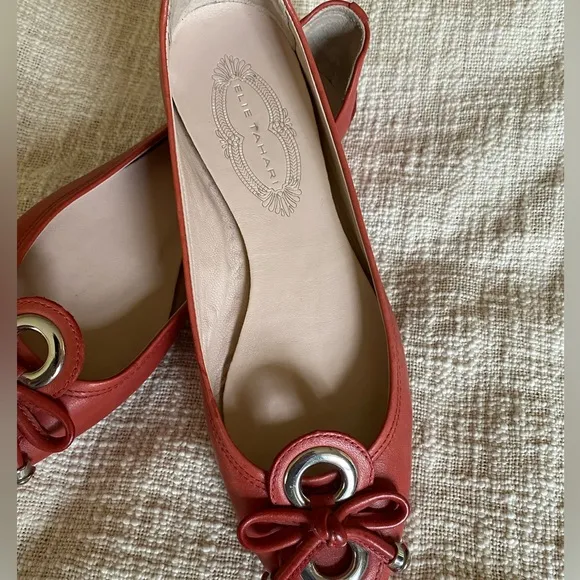 New! Elie Tahari Leather ballet flat with Embellished toe cap Coral size 38.5