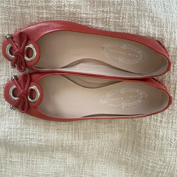 New! Elie Tahari Leather ballet flat with Embellished toe cap Coral size 38.5