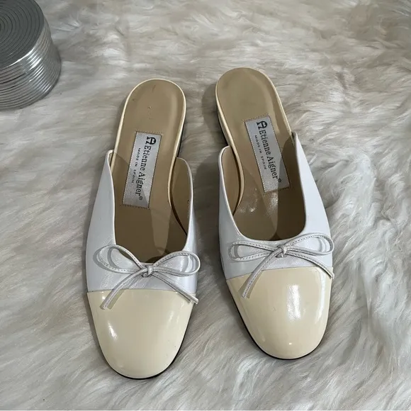 NEW Etienne Aigner Vintage 90s Leather Patent Bow Ballet Flat Mules Nude 6.5 NWT