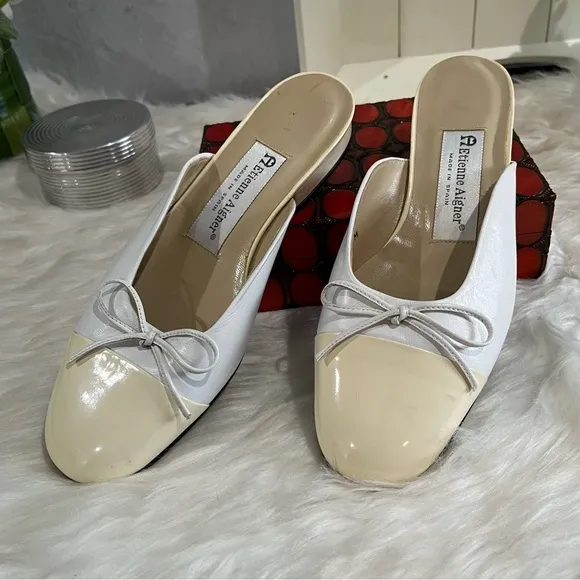 NEW Etienne Aigner Vintage 90s Leather Patent Bow Ballet Flat Mules Nude 6.5 NWT