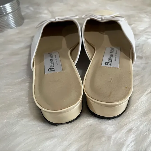 NEW Etienne Aigner Vintage 90s Leather Patent Bow Ballet Flat Mules Nude 6.5 NWT