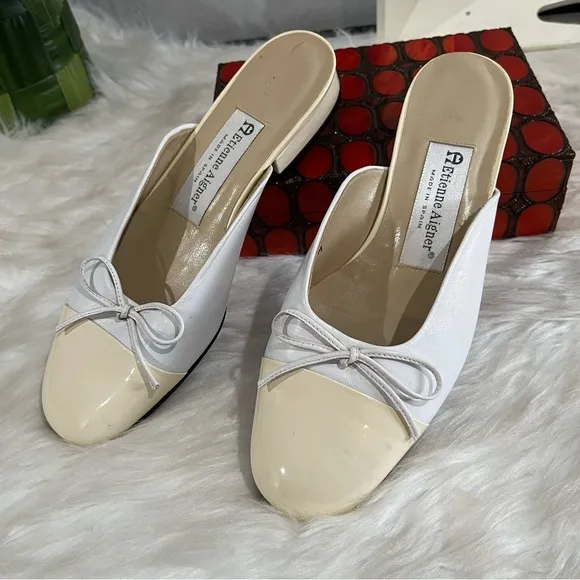 NEW Etienne Aigner Vintage 90s Leather Patent Bow Ballet Flat Mules Nude 6.5 NWT