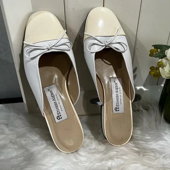 NEW Etienne Aigner Vintage 90s Leather Patent Bow Ballet Flat Mules Nude 6.5 NWT