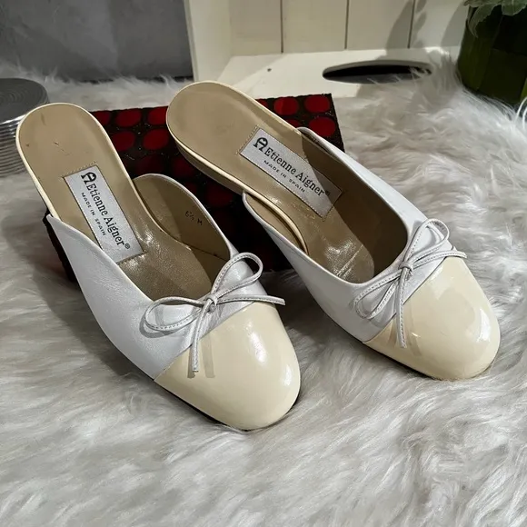 NEW Etienne Aigner Vintage 90s Leather Patent Bow Ballet Flat Mules Nude 6.5 NWT