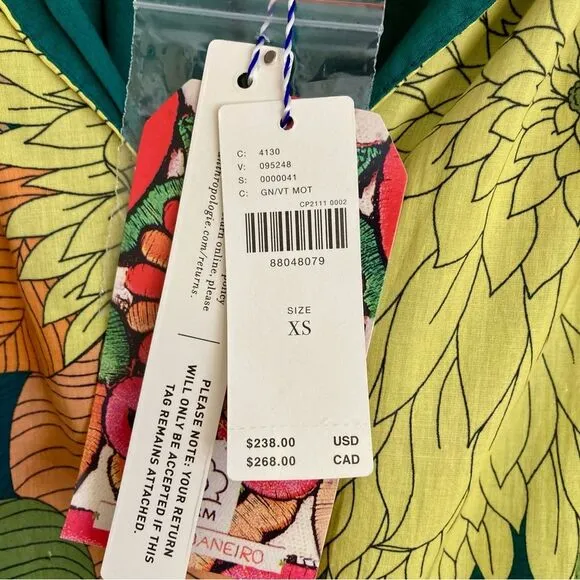 NEW Farm Rio Anthropologie Long Sleeve Floral Midi Dress Beaded Tassel Size XS/S
