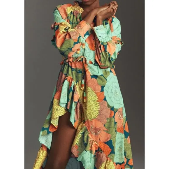 NEW Farm Rio Anthropologie Long Sleeve Floral Midi Dress Beaded Tassel Size XS/S