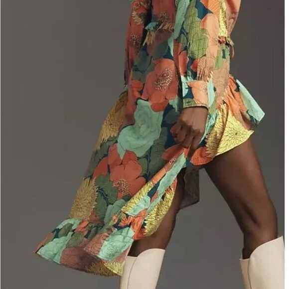 NEW Farm Rio Anthropologie Long Sleeve Floral Midi Dress Beaded Tassel Size XS/S