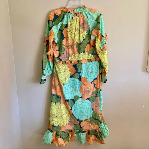 NEW Farm Rio Anthropologie Long Sleeve Floral Midi Dress Beaded Tassel Size XS/S