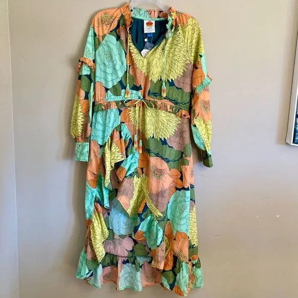 NEW Farm Rio Anthropologie Long Sleeve Floral Midi Dress Beaded Tassel Size XS/S