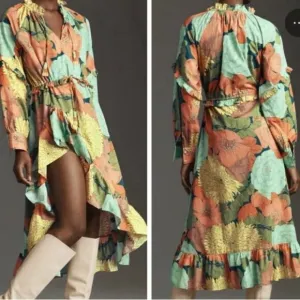 NEW Farm Rio Anthropologie Long Sleeve Floral Midi Dress Beaded Tassel Size XS/S