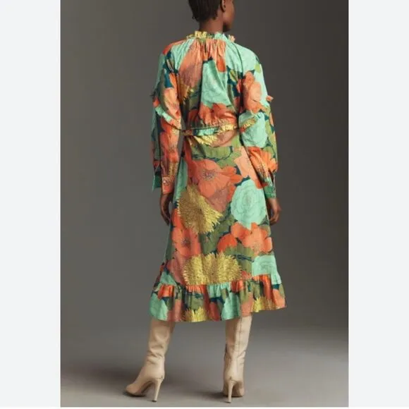 NEW Farm Rio Anthropologie Long Sleeve Floral Midi Dress Beaded Tassel Size XS/S