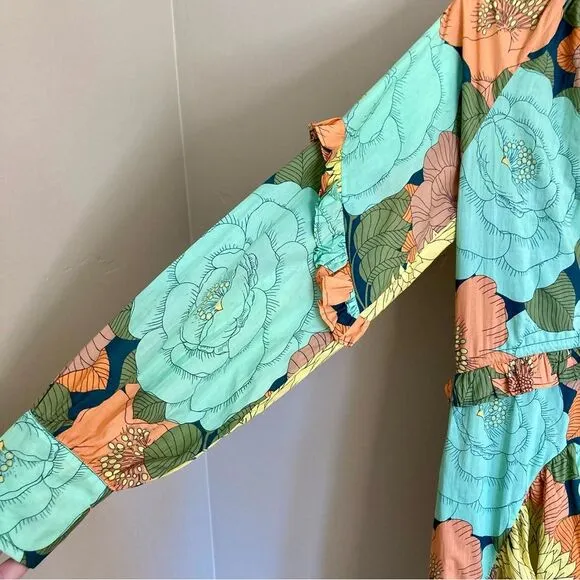 NEW Farm Rio Anthropologie Long Sleeve Floral Midi Dress Beaded Tassel Size XS/S