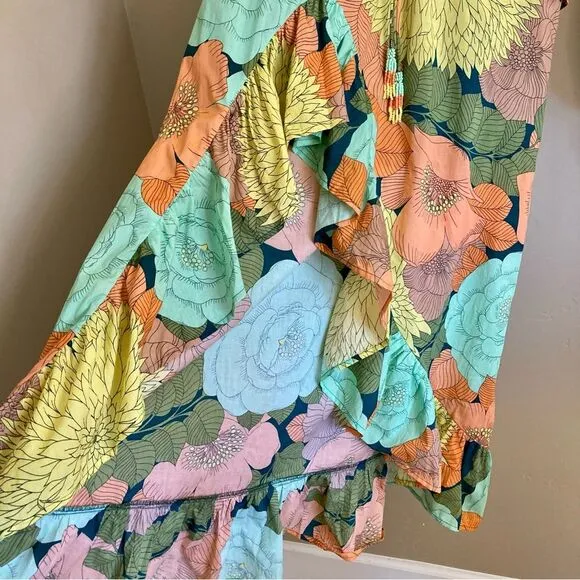 NEW Farm Rio Anthropologie Long Sleeve Floral Midi Dress Beaded Tassel Size XS/S
