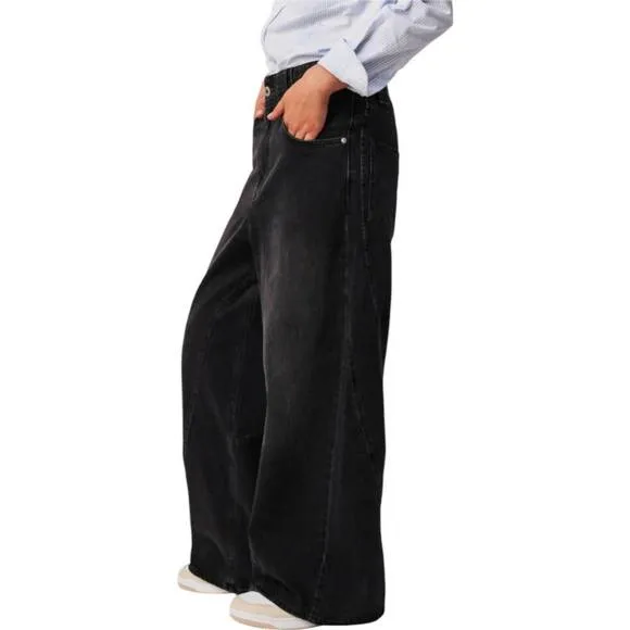 NEW FREE PEOPLE chill vibes dropped crotch wide leg jeans in lightning black