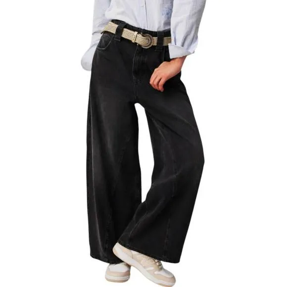 NEW FREE PEOPLE chill vibes dropped crotch wide leg jeans in lightning black