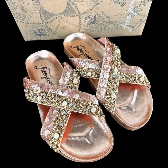 NEW Free People Moon Child Embellished Rose Gold Slide Sandals 38.5 Sequin Pearl