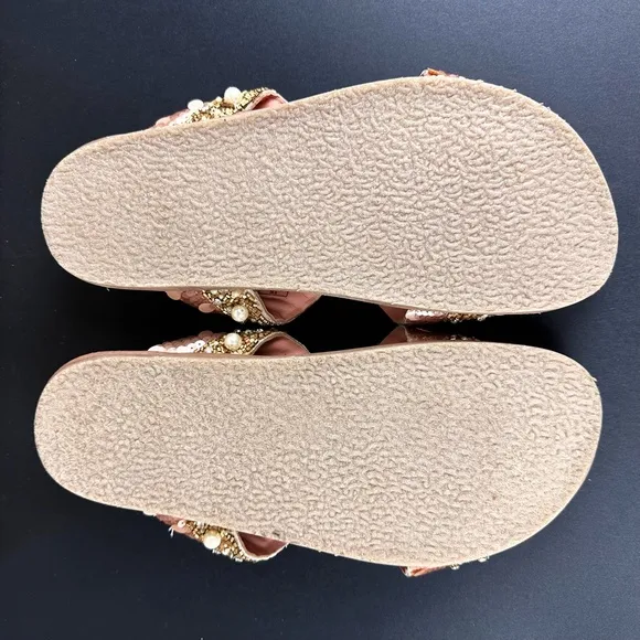 NEW Free People Moon Child Embellished Rose Gold Slide Sandals 38.5 Sequin Pearl