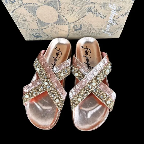 NEW Free People Moon Child Embellished Rose Gold Slide Sandals 38.5 Sequin Pearl