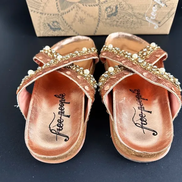 NEW Free People Moon Child Embellished Rose Gold Slide Sandals 38.5 Sequin Pearl