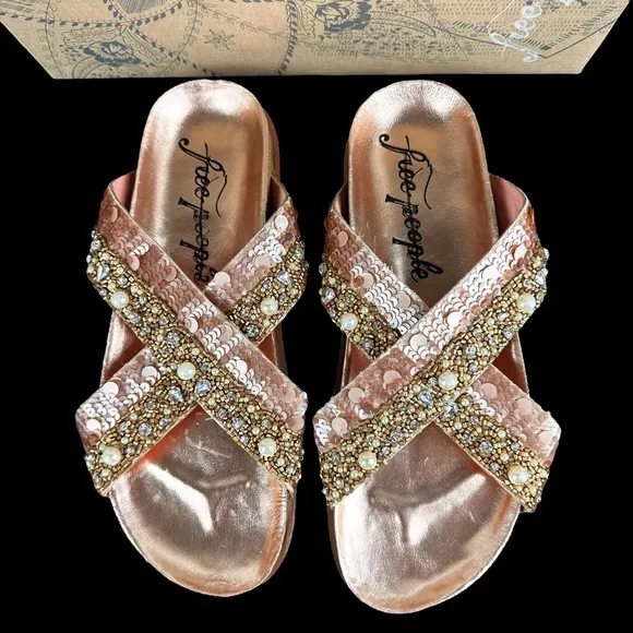 NEW Free People Moon Child Embellished Rose Gold Slide Sandals 38.5 Sequin Pearl