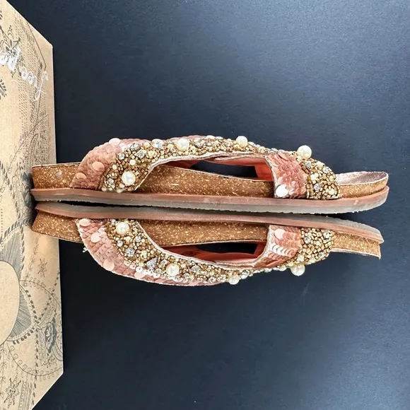 NEW Free People Moon Child Embellished Rose Gold Slide Sandals 38.5 Sequin Pearl