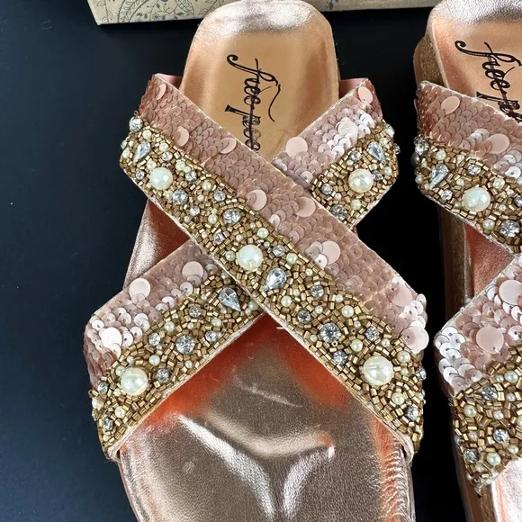 NEW Free People Moon Child Embellished Rose Gold Slide Sandals 38.5 Sequin Pearl