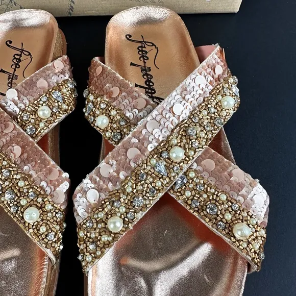 NEW Free People Moon Child Embellished Rose Gold Slide Sandals 38.5 Sequin Pearl