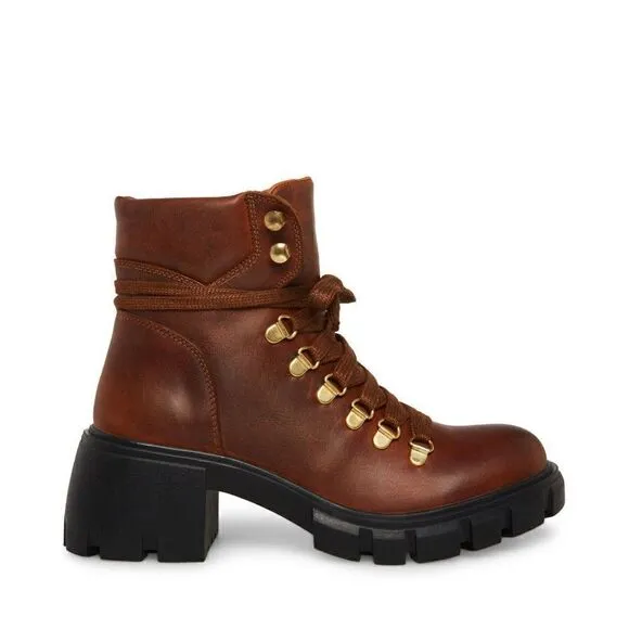 NEW IN BOX STEVE MADDEN GENUINE LEATHER HINT LACE UP HIKER BOOTS COGNAC COLOR
