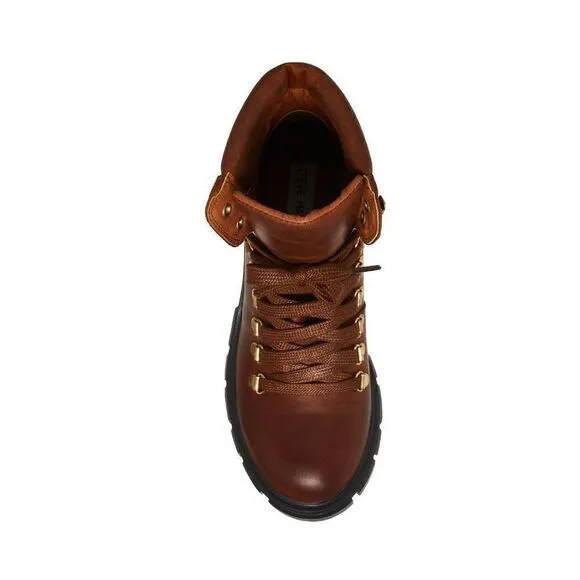 NEW IN BOX STEVE MADDEN GENUINE LEATHER HINT LACE UP HIKER BOOTS COGNAC COLOR