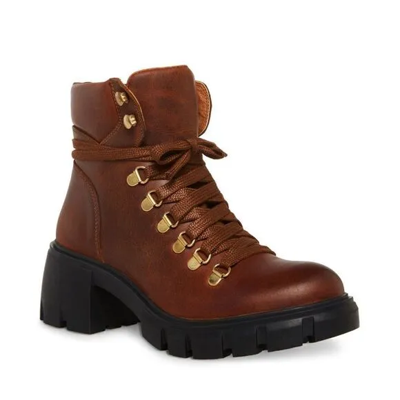NEW IN BOX STEVE MADDEN GENUINE LEATHER HINT LACE UP HIKER BOOTS COGNAC COLOR