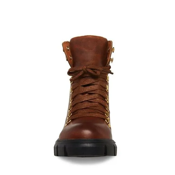 NEW IN BOX STEVE MADDEN GENUINE LEATHER HINT LACE UP HIKER BOOTS COGNAC COLOR