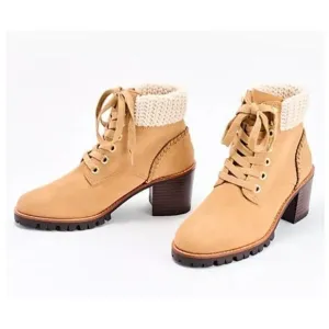 New Jack‎ Rogers Harper Suede Lace Up Hiker Knit Block Heel Boots Wheat Size 10M
