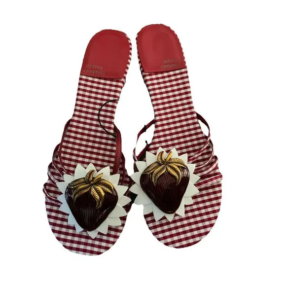 New Jeffrey Campbell Womens Abeegail Gingham Strawberry Slide Sandals Sz 10