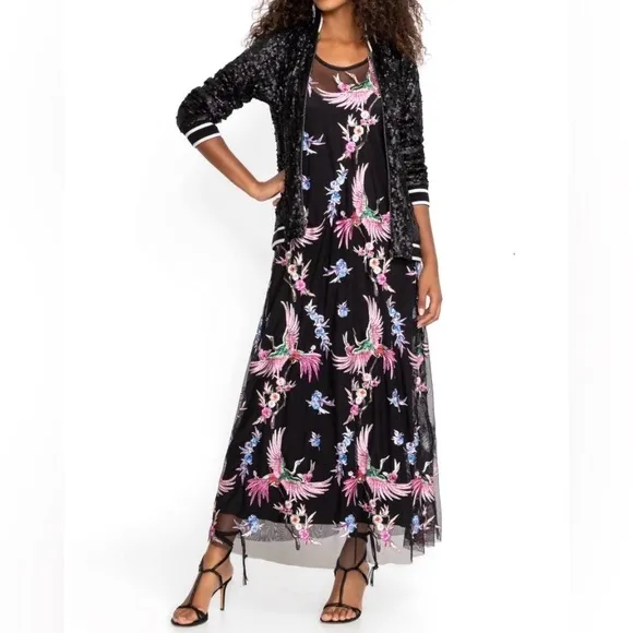 NEW Johnny Was Meol Mazzy A-line Dress Mesh Bird Embroidery Black (Slip) Size L