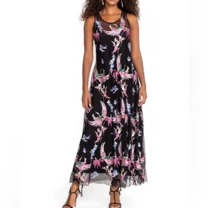 NEW Johnny Was Meol Mazzy A-line Dress Mesh Bird Embroidery Black (Slip) Size L