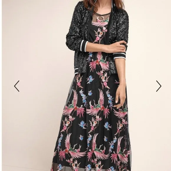 NEW Johnny Was Meol Mazzy A-line Dress Mesh Bird Embroidery Black (Slip) Size XL